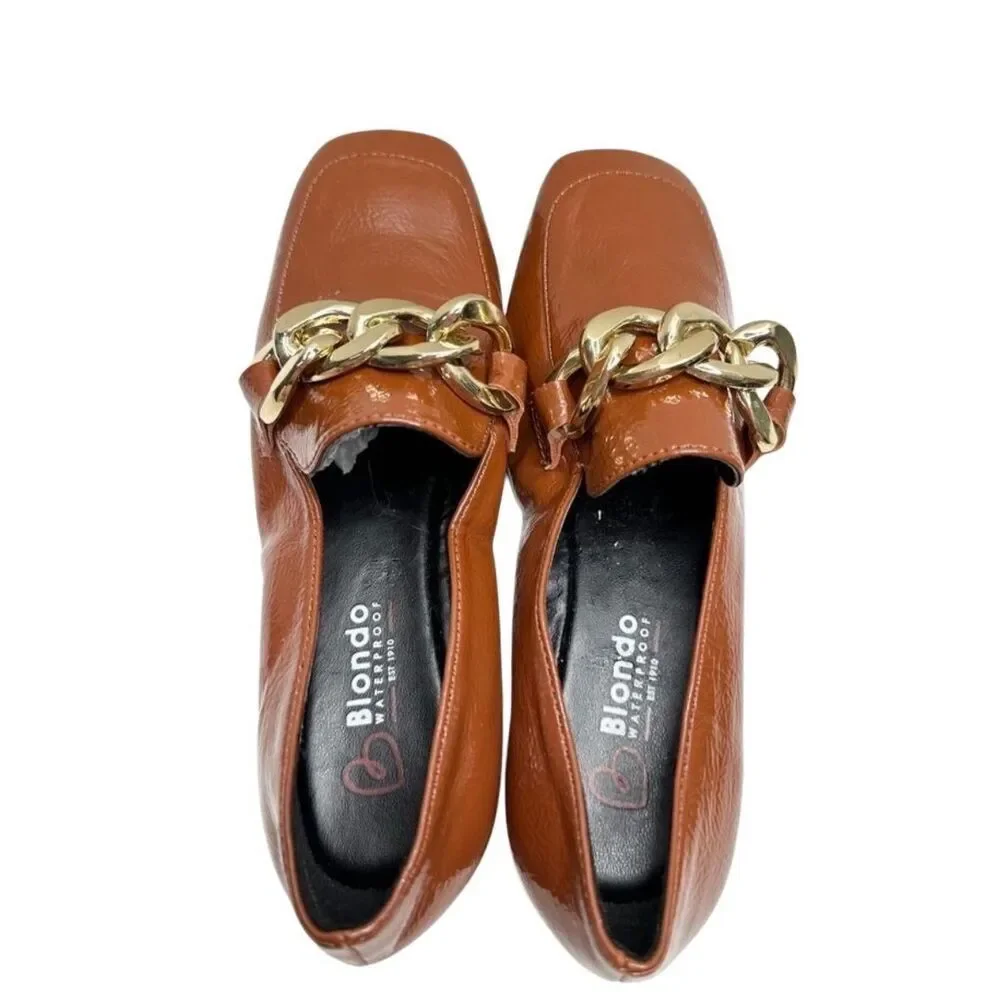 Blondo Loafers Size 5 Brown‎ Slip On Waterproof Block Heel Chain Detail NEW